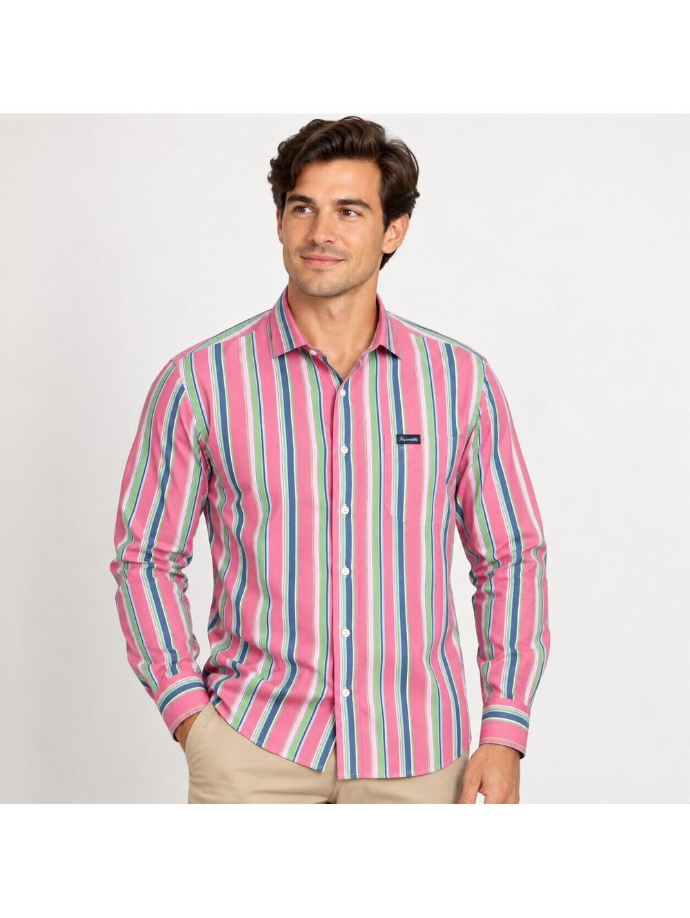 Façonnable Classique Deauville Men's XL Pink Multicolor Stripe Cotton Shirt